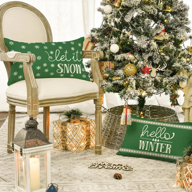 Merry Christmas Trees Mottos Green Throw Pillow Covers, Hello Winter Let it Snow Holiday Cushion Case Decoration for Sofa Couch