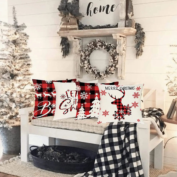 Christmas Throw Pillow Covers 18x18 Inches Set of 4 Holiday Decorations Winter Black and Red Buffalo Plaid Rustic Pillowcases