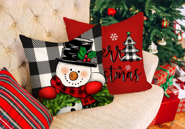 Christmas Pillow Covers Set of 4 Buffalo Check Farmhouse Xmas Snowman Santa Claus Holly Jolly Winter Holiday Decor Throw  Case