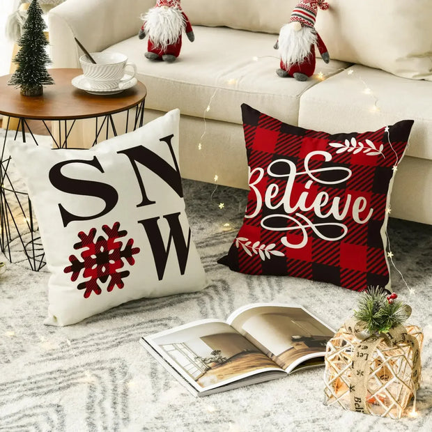 Buffalo Plaid Believe Joyful Home Snow Throw Pillow Cover,Christmas Winter Holiday Snowflake Cushion Case Decoration