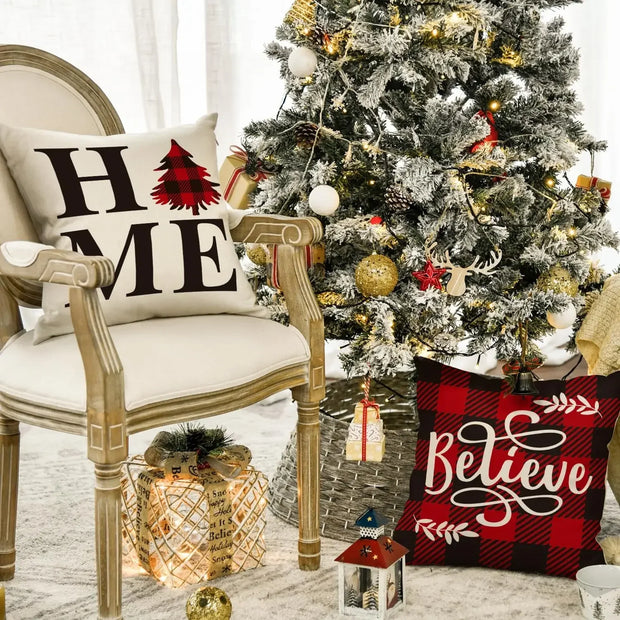 Buffalo Plaid Believe Joyful Home Snow Throw Pillow Cover,Christmas Winter Holiday Snowflake Cushion Case Decoration