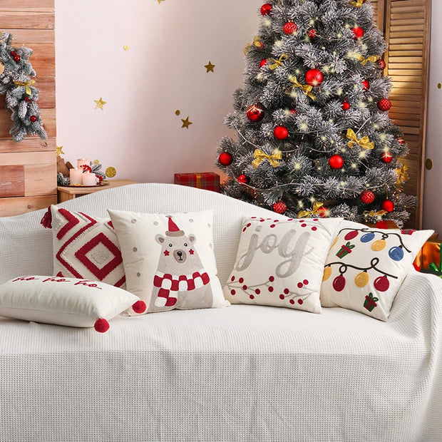 New Merry Christmas Embroidered Cushion Cover Red Geometric Tufted Throw Pillow Covers Holiday Party Home Decor Living Room