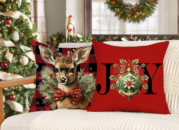 Buffalo Check Christmas Pillow Covers Set of 4 Red Black Farmhouse Xmas Snowman Deer Joy Winter Holiday Decor Throw Cushion Case