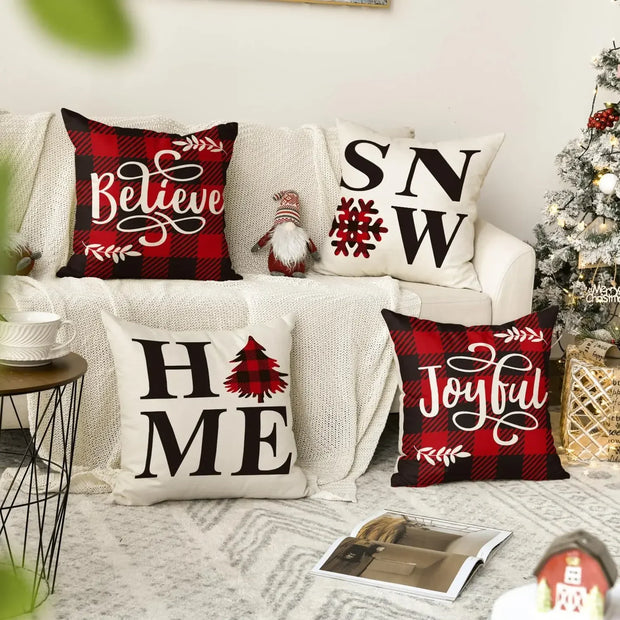 Buffalo Plaid Believe Joyful Home Snow Throw Pillow Cover,Christmas Winter Holiday Snowflake Cushion Case Decoration