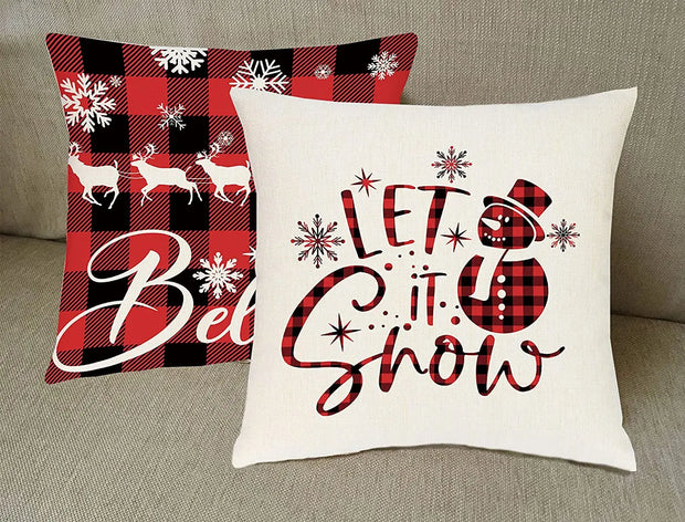 Christmas Throw Pillow Covers 18x18 Inches Set of 4 Holiday Decorations Winter Black and Red Buffalo Plaid Rustic Pillowcases