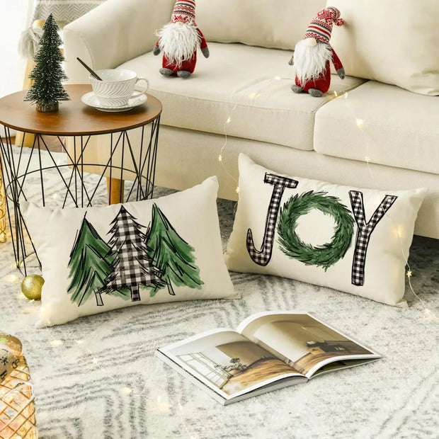 Merry Christmas Trees Mottos Green Throw Pillow Covers, Hello Winter Let it Snow Holiday Cushion Case Decoration for Sofa Couch